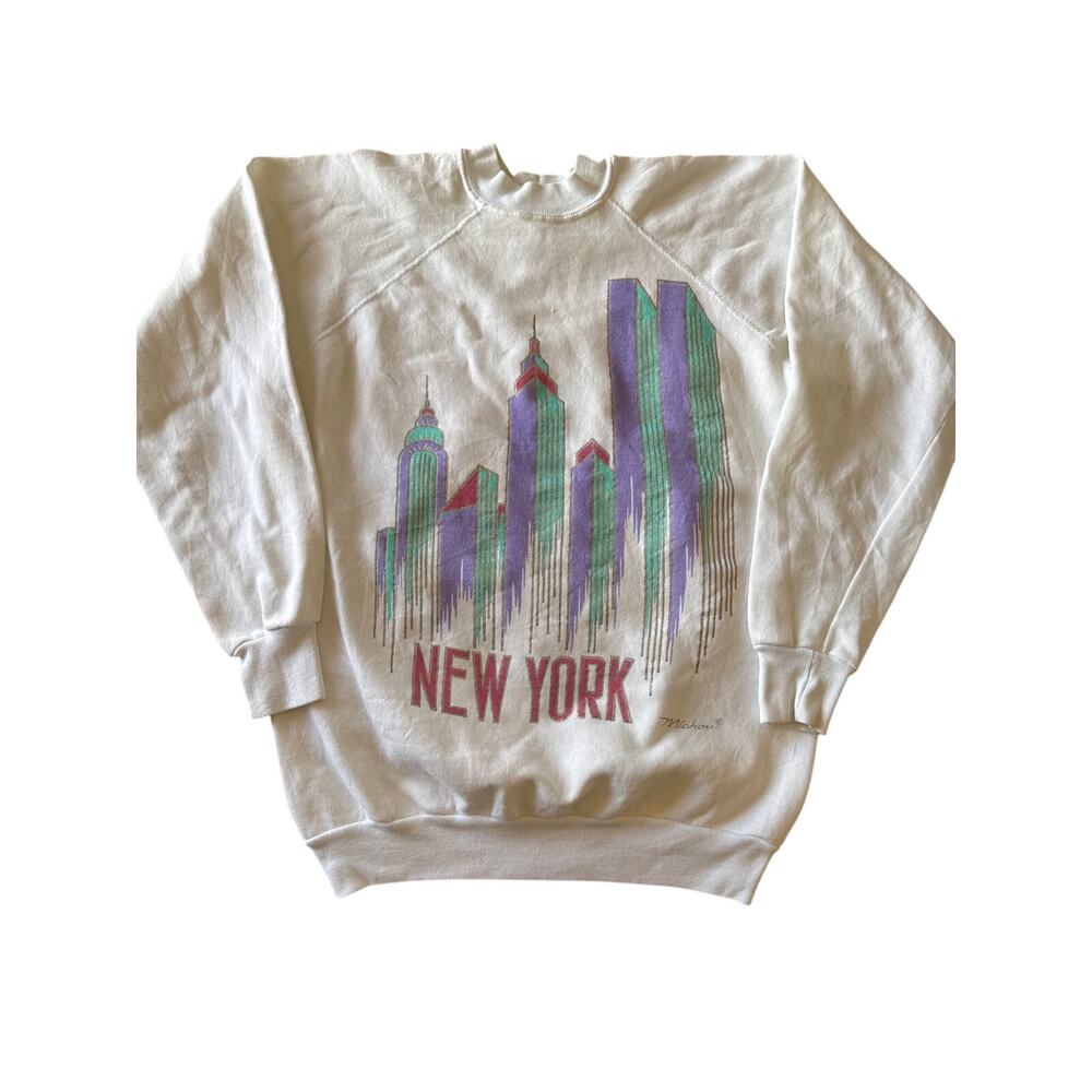Vintage New York City Skyscrapers Michou Art USA Made L White Raglan Crewneck